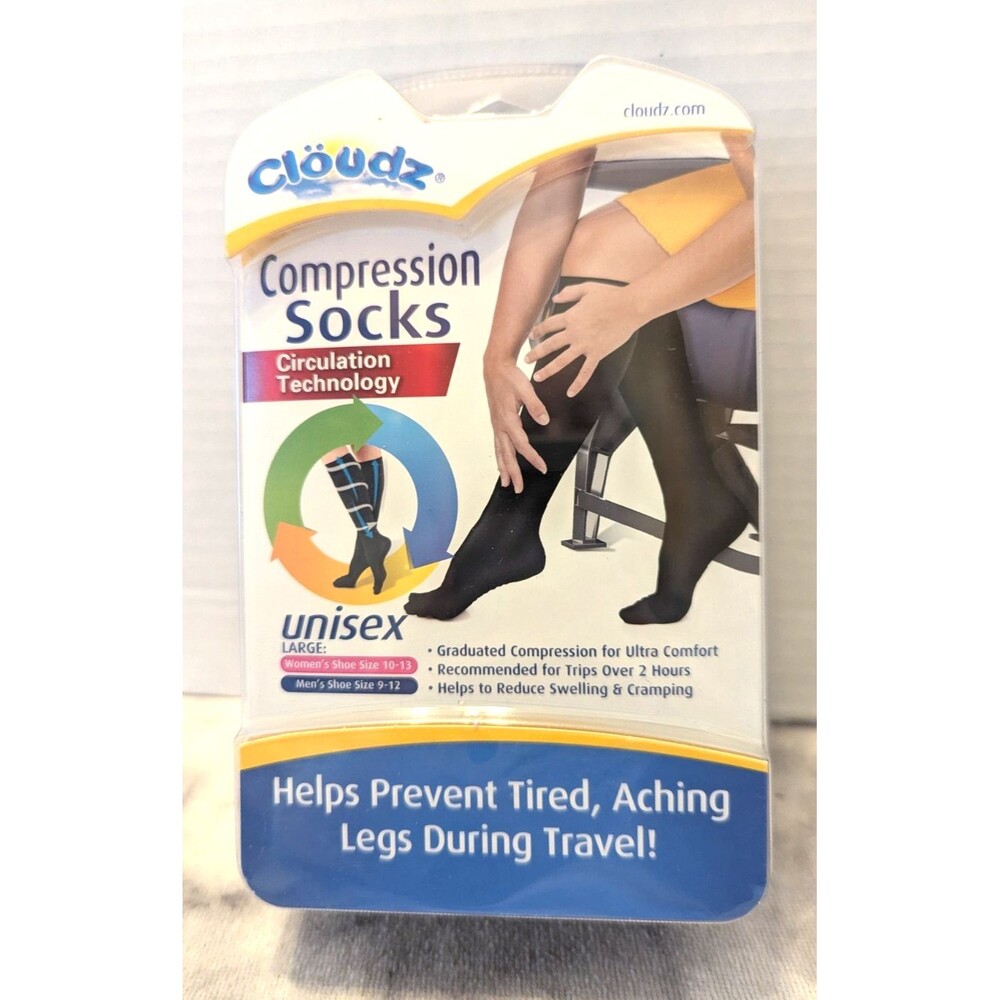 Cloudz Compression Socks Black Unisex Large Help Prevent Swollen Feet Travel NEW